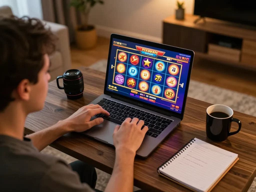 Engaging player enjoying online slots on 78win gaming platform at home, highlighting excitement and strategy.