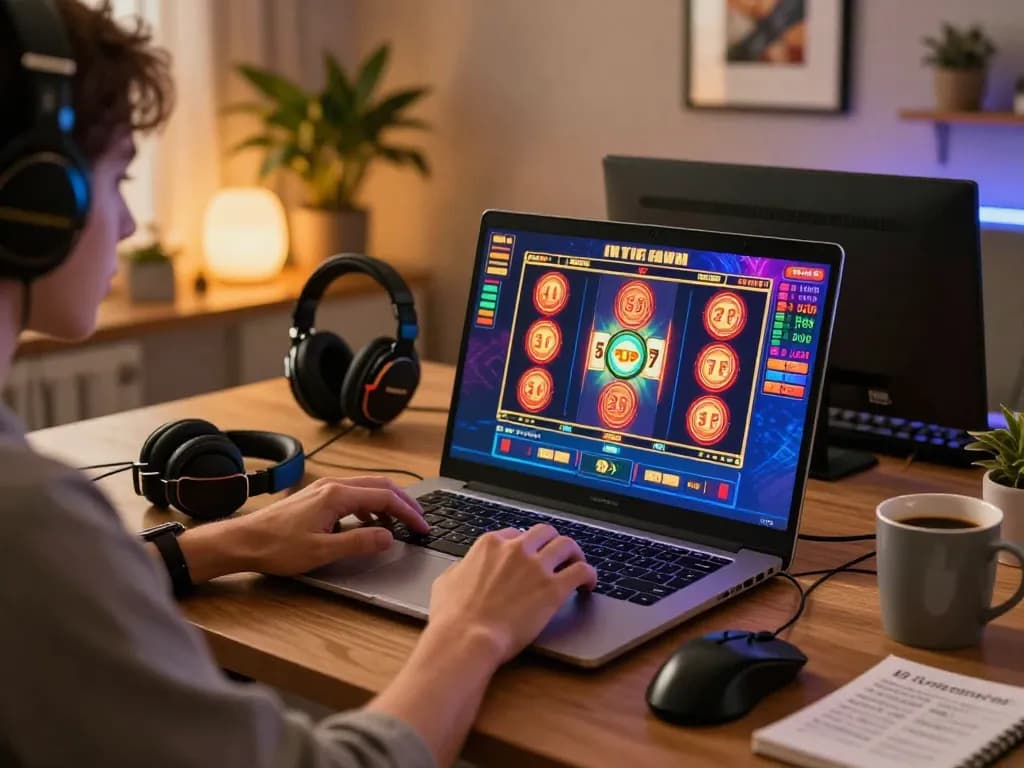 Engaging in gacor slot games on a laptop with vibrant graphics and cozy gaming setup.