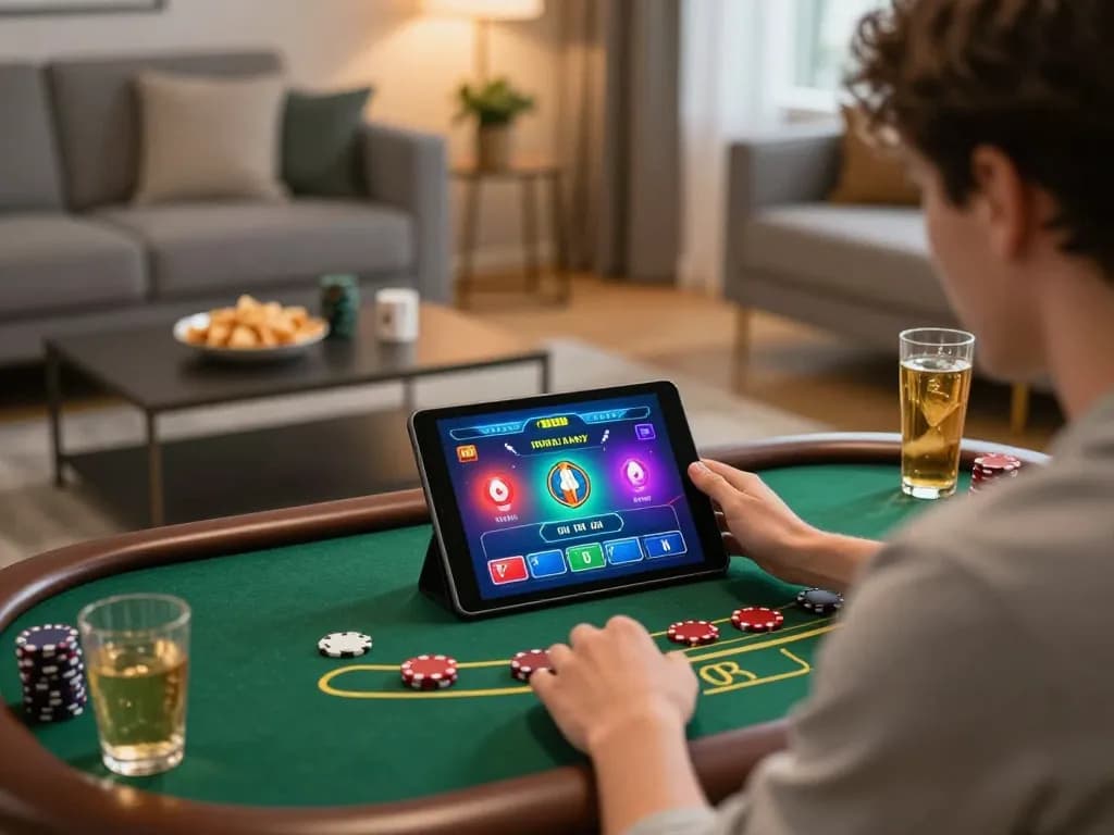 Player engaged in online blackjack gameplay on tablet at home, showcasing 888new gaming interface.