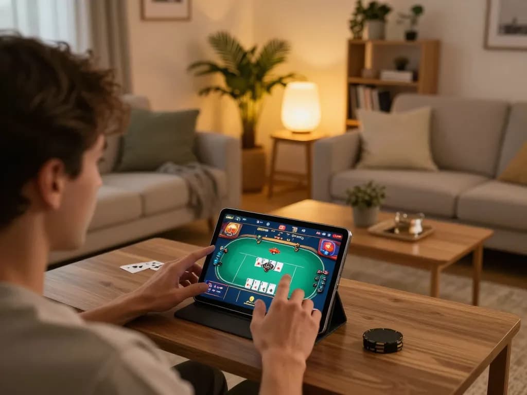 Person engaging in online poker gameplay on tablet in cozy home setting, showcasing kuwinfi