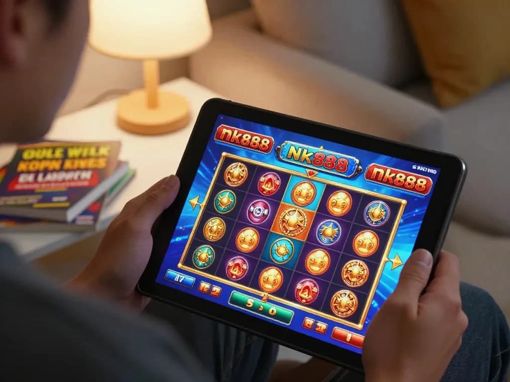 Player immersed in online Nk888 slot game on a tablet at home, celebrating strategic gaming.