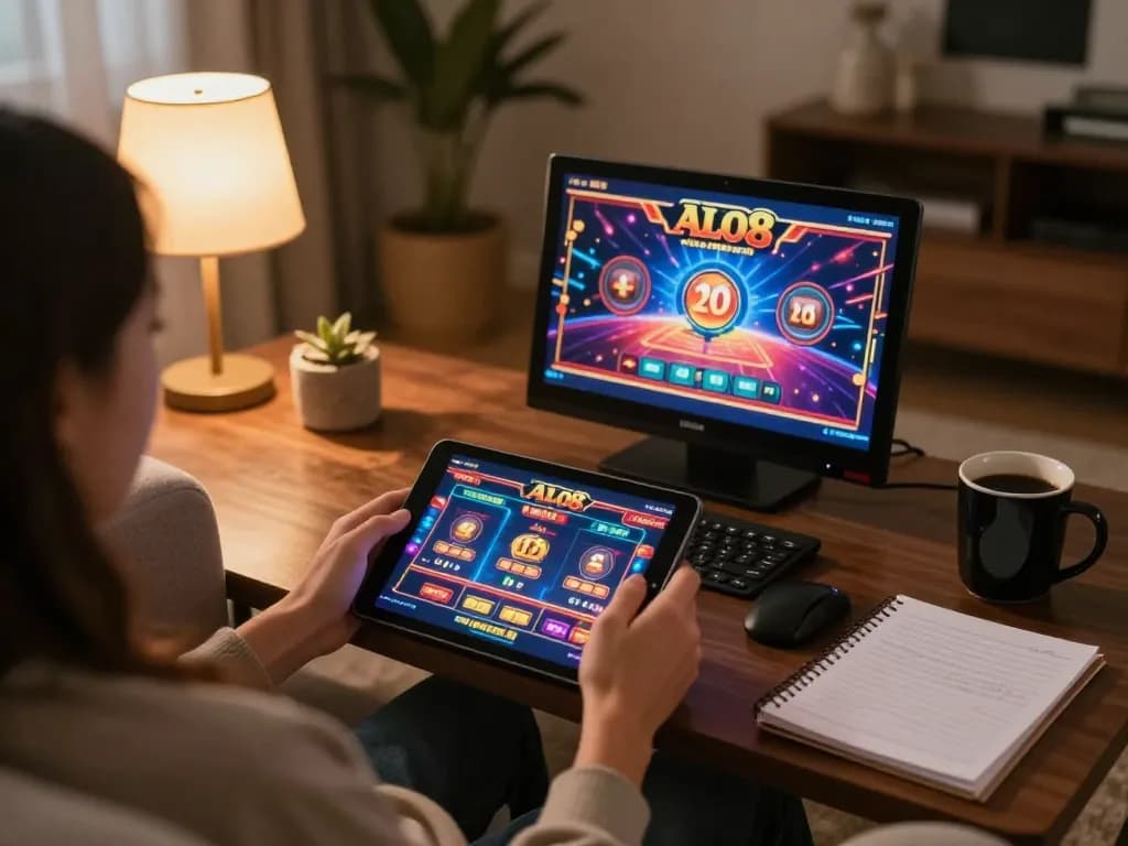 Player engaging in ALO8 online casino games on tablet with strategic notes nearby.