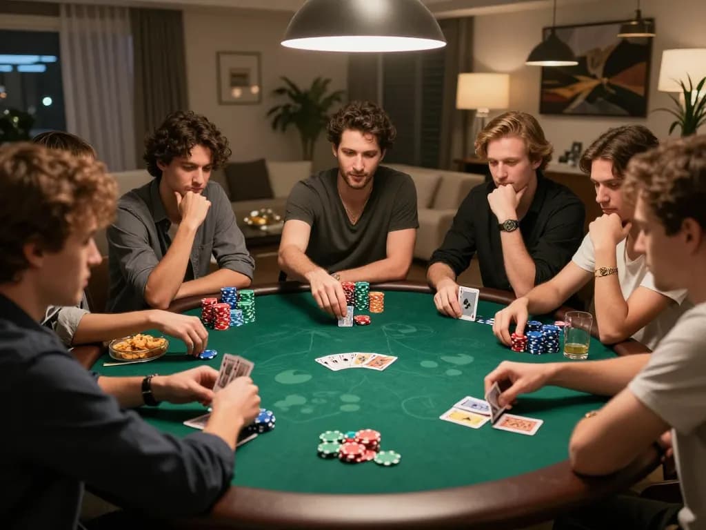 Engaged players strategizing during a poker game at home, showcasing a competitive spirit at https://rr88co.net/.