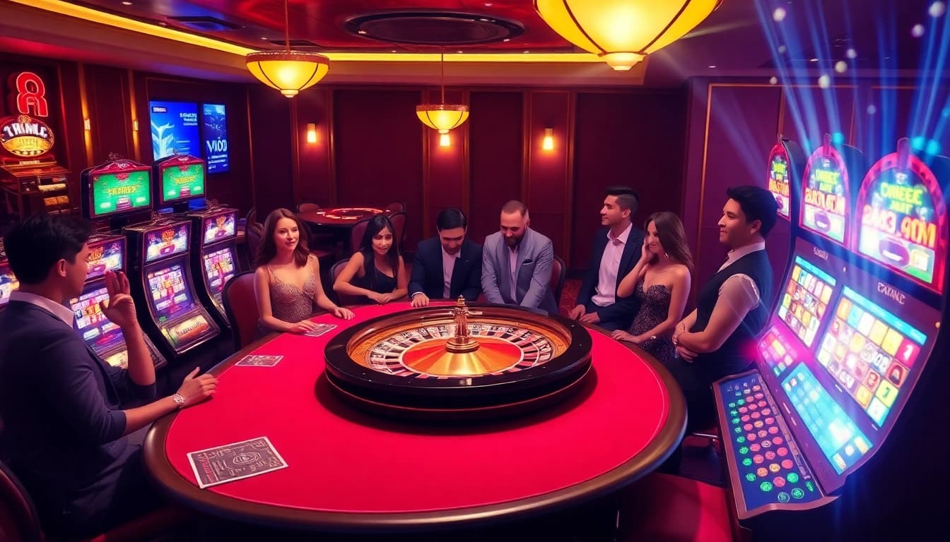 Engaged players at a luxurious poker table in GK88 com's vibrant casino atmosphere.