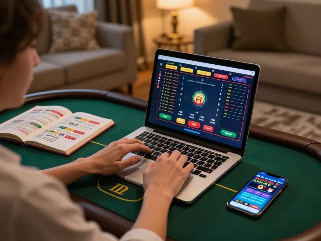Person enjoying an engaging live dealer game on their laptop in a stylish home setup, showcasing the appeal of online casino gaming.