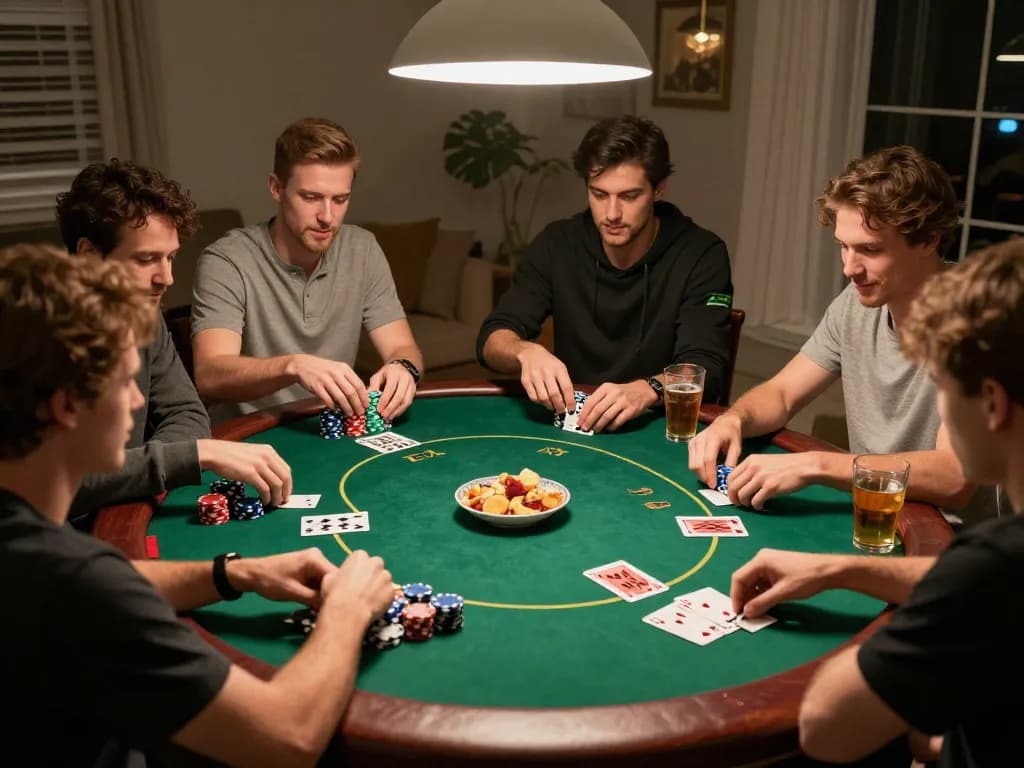 Engaged players at a home poker night with strategy and fun emphasized, reflecting the friendly gambling spirit of nk88mvp.