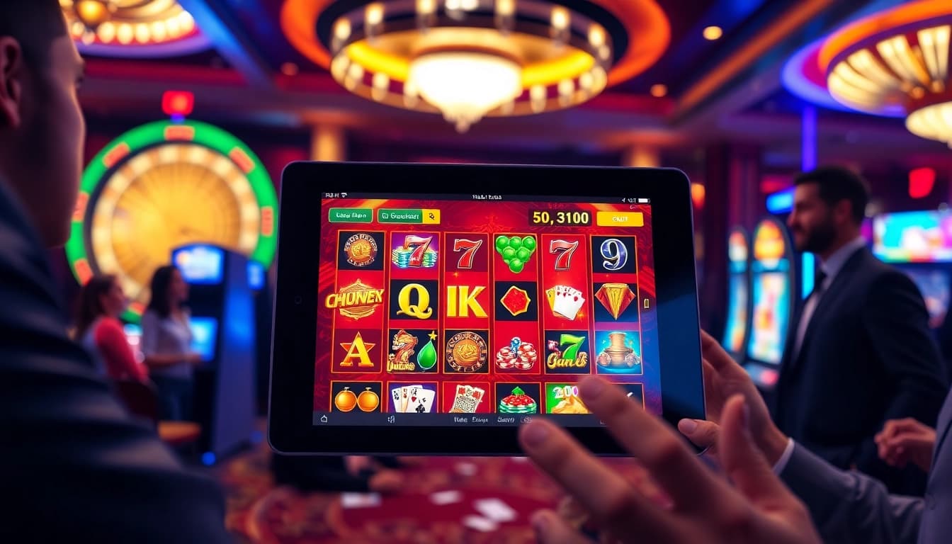 Players enjoying slot online gaming at a luxurious casino setting with vibrant lights and design.