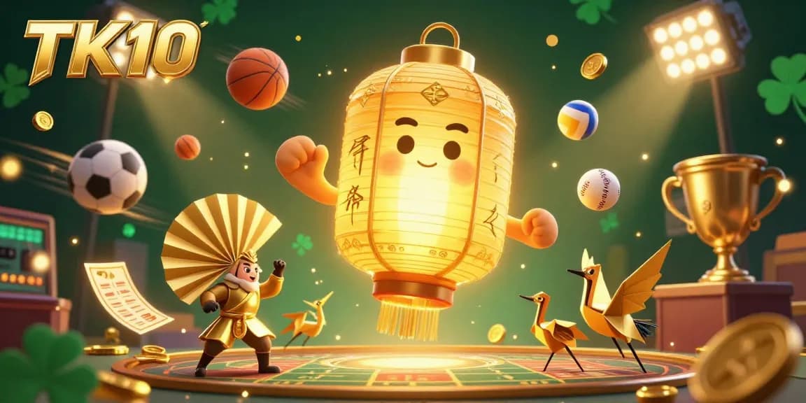 Engage with TK10's vibrant casino world through an imaginative illustration of a lantern spirit and dynamic sports betting elements.