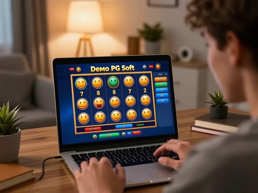 Memainkan Demo Slot PG Soft di laptop, menunjukkan kegembiraan permainan online.
