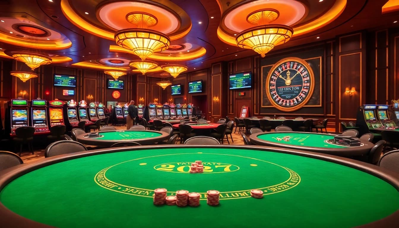 Soi cầu 247 betting scene in a luxurious casino with poker tables, roulette wheels, and vibrant slot machines.