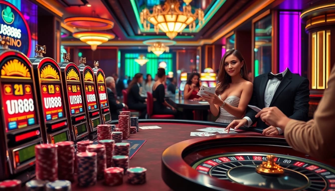 Exciting gameplay at uu8888 casino featuring vibrant slot machines and intense poker action.