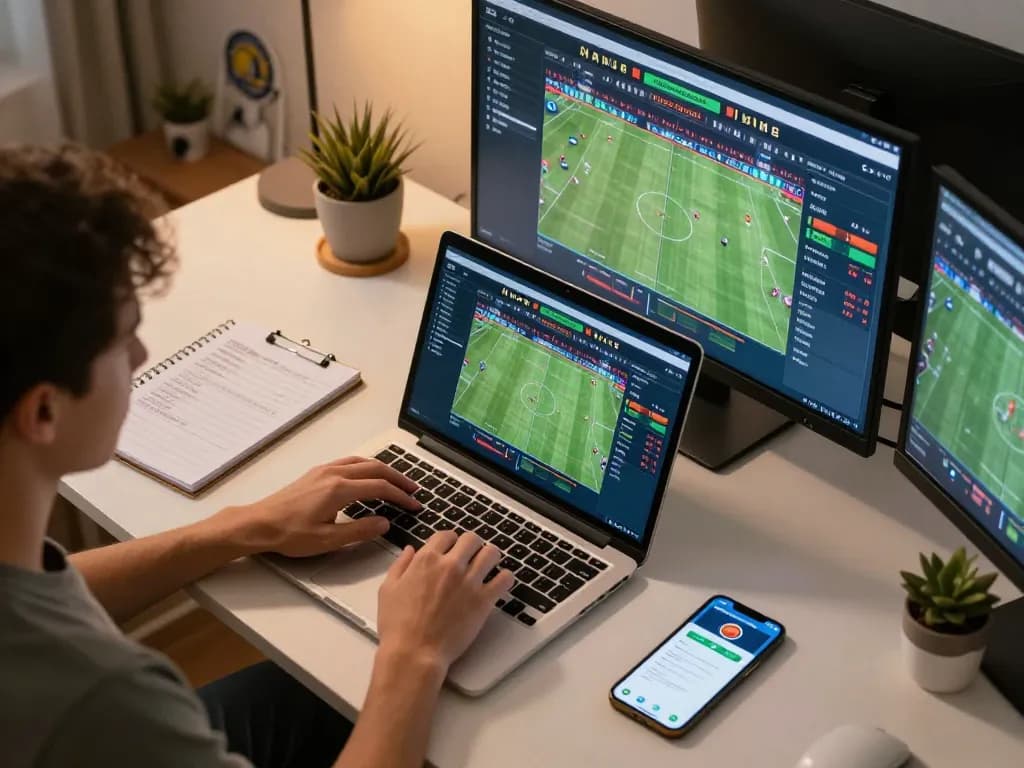 Betting on F8BET with live game odds displayed on multiple screens in a strategic sports betting setup