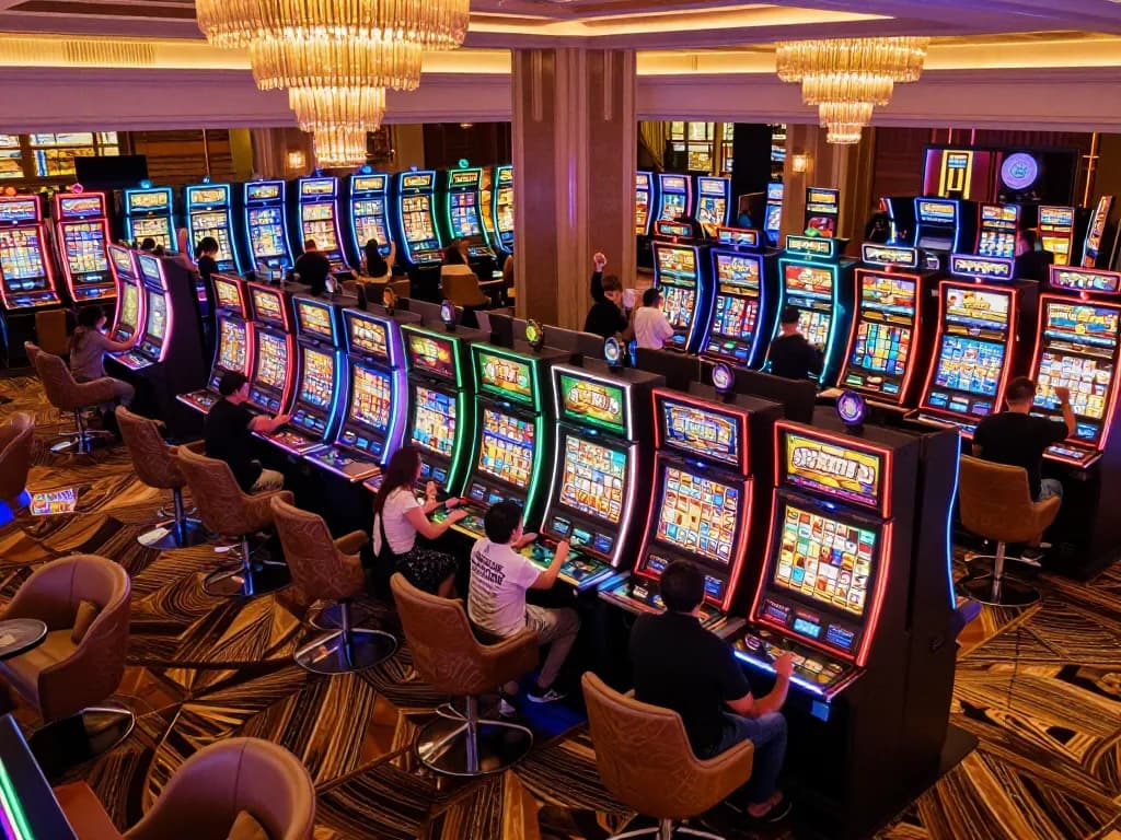 Players engaging with vibrant slot machines at 888new-vn, celebrating wins in an upscale casino.