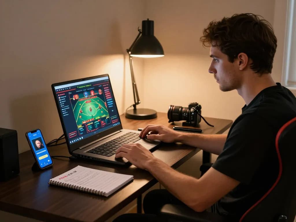 Engaging in online casino gaming strategies on a laptop at home while managing bankroll and betting.