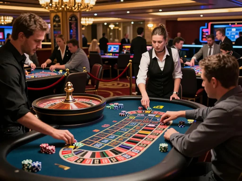 Players placing bets at roulette tables in a vibrant du88 casino, showcasing high-energy gambling atmosphere