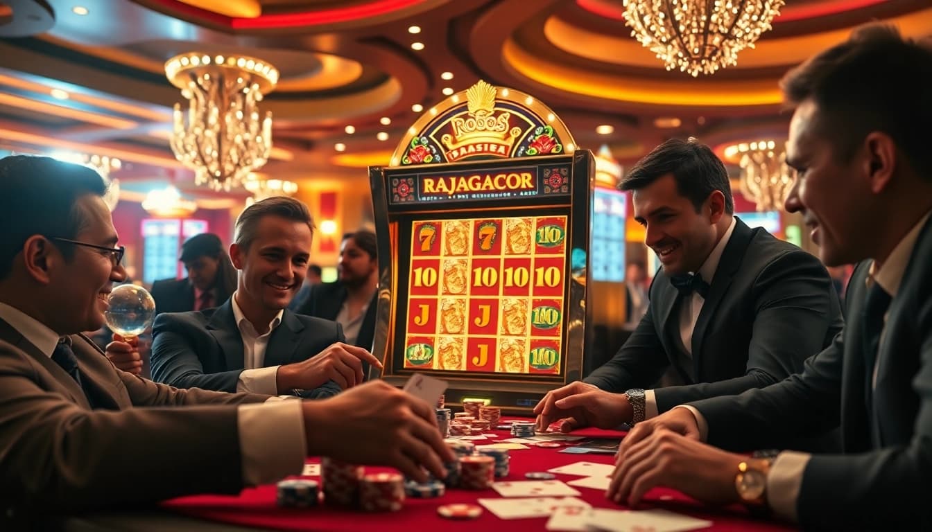 Experience the thrill of RAJAGACOR slot machines with players celebrating wins in a luxurious casino.