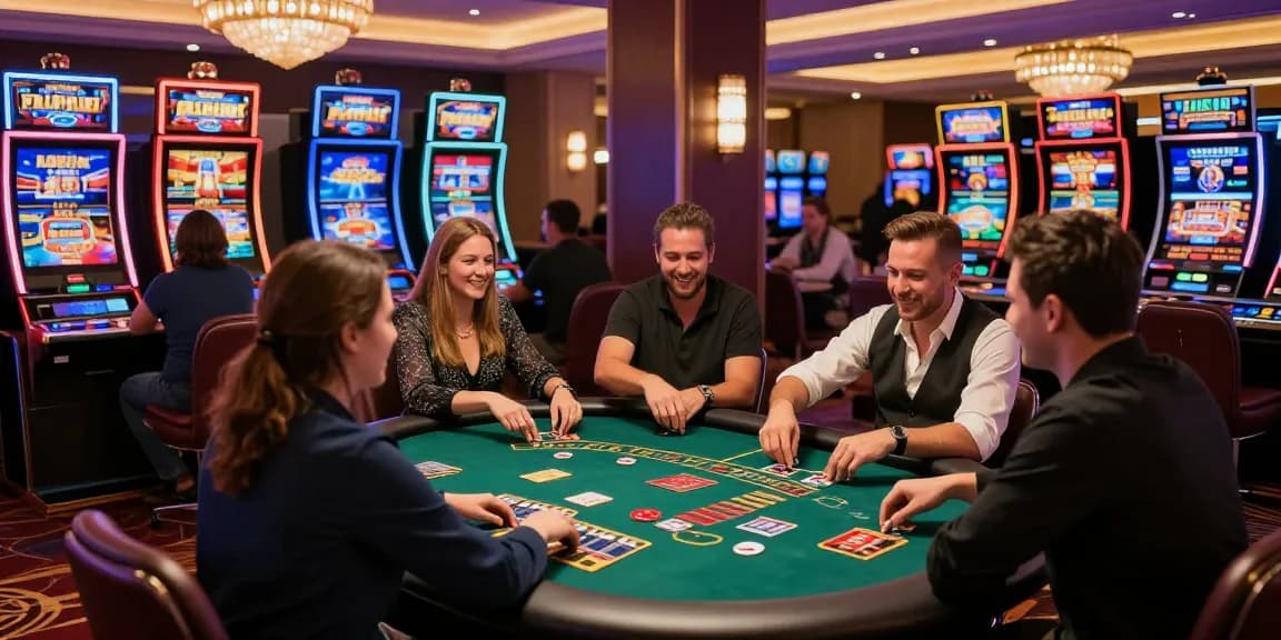Diverse players enjoying games at a vibrant EU online casino, showcasing excitement and luxury.