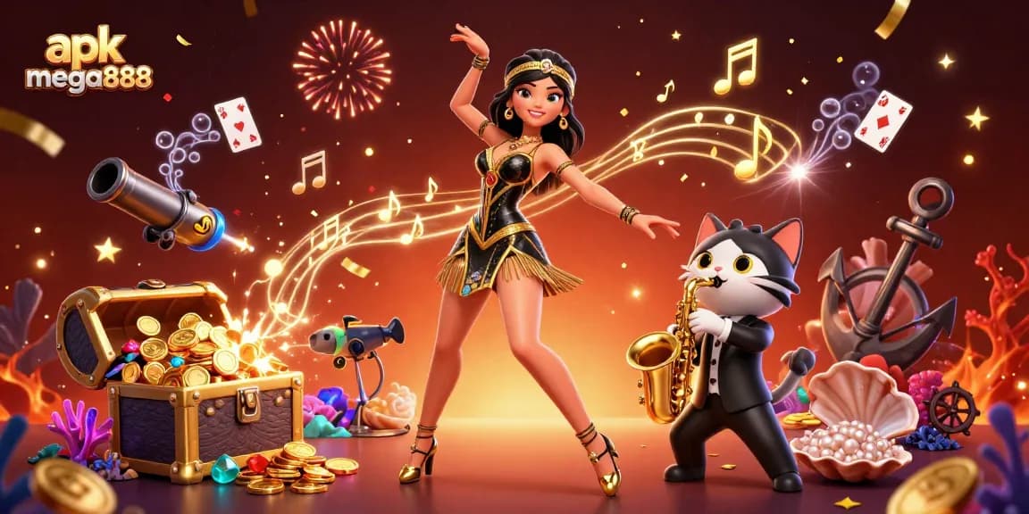 Engage with apk mega888's thrilling casino experience through vibrant 3D art, showcasing gaming excitement.