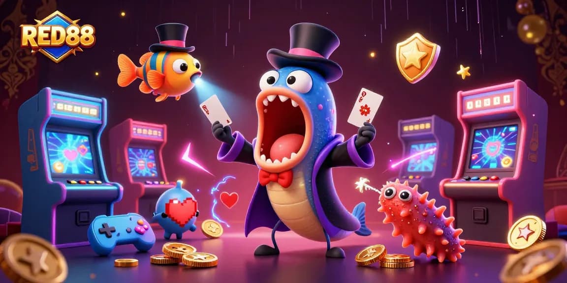 RED88 showcases unique card tricks in a vibrant casino setting with bioluminescent characters.