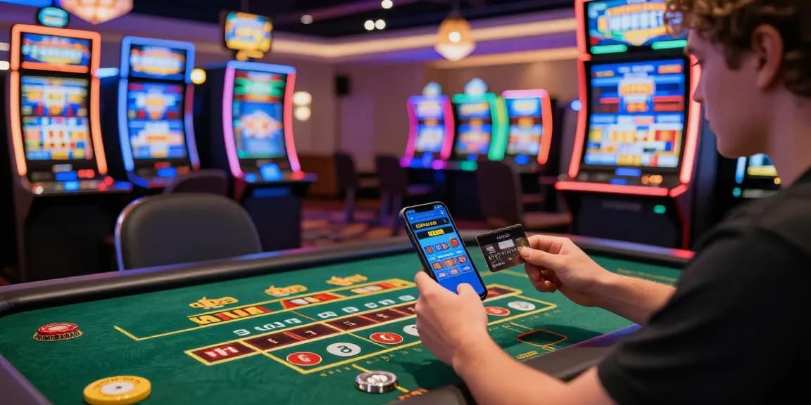 Player engaging with a credit card casino game surrounded by vibrant slot machines and live dealer tables.