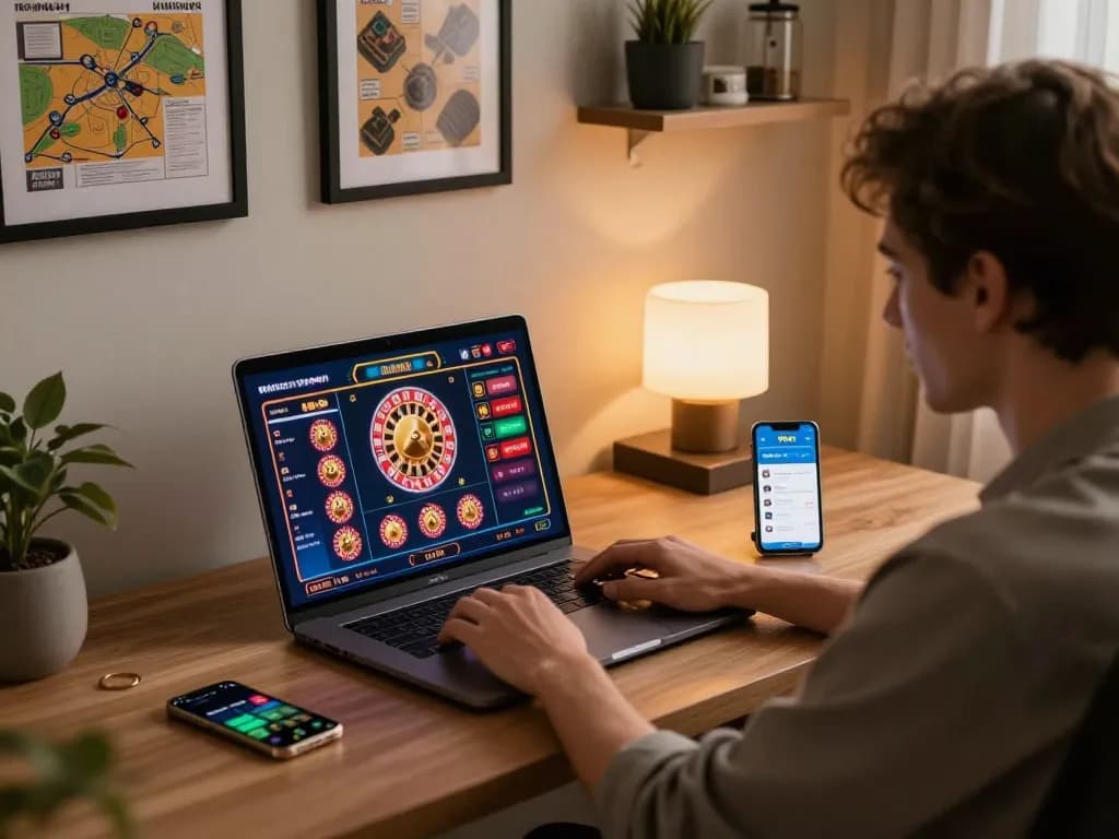 Engaging with the 9bet online casino app on a laptop and smartphone in a stylish home office.