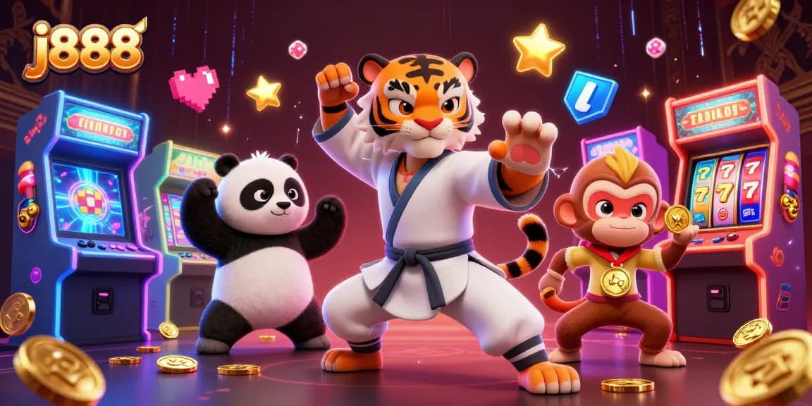 Win big with j888 as a kung fu tiger master, panda disciple, and a monkey in a vibrant casino scene.