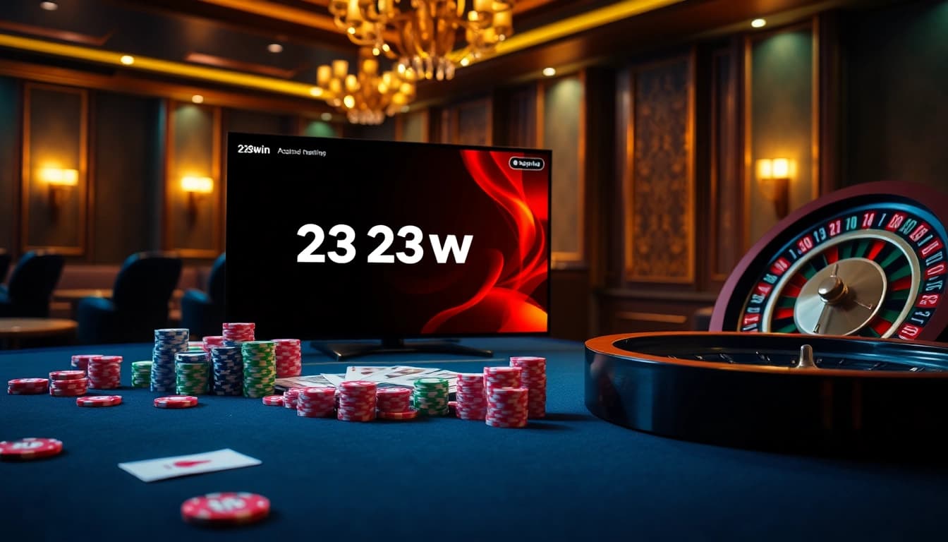 Experience the thrilling atmosphere of 23win with a luxurious casino setup featuring poker chips and cards.