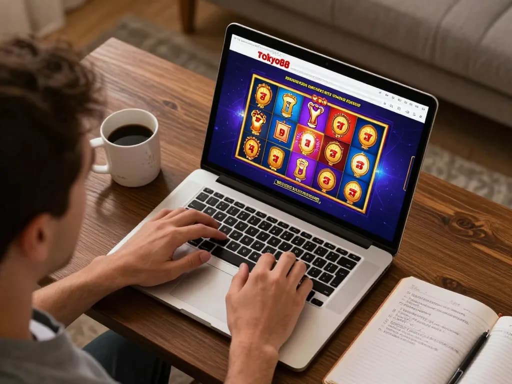 Pemain terlibat dengan slot online tokyo88 sambil menikmati suasana rumah yang nyaman, menekankan permainan yang bertanggung jawab.