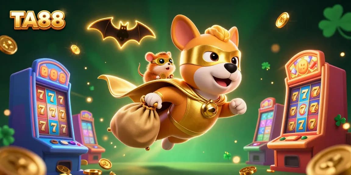 Experience the thrill of winning with TA88 featuring a superhero dog amidst colorful slot machines.