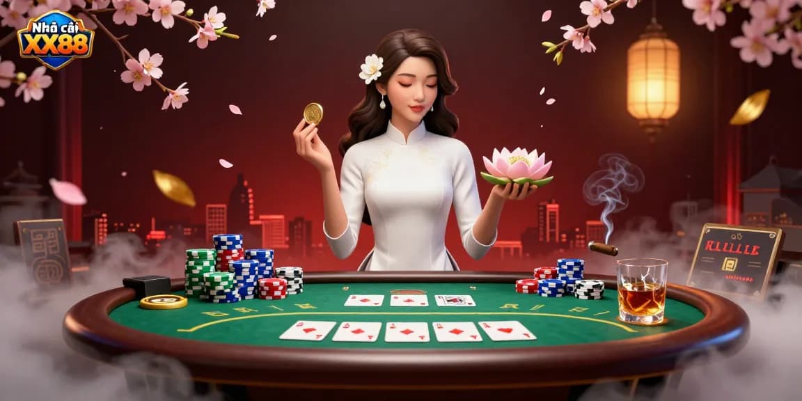 Experience dynamic poker gameplay at Nhà cái XX88 with a photorealistic Asian woman elegantly presenting a lotus flower and golden coin.