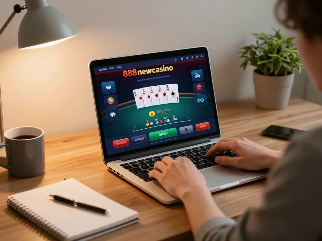 Player engaging in poker game at 888newcasino using laptop in comfortable home setting.