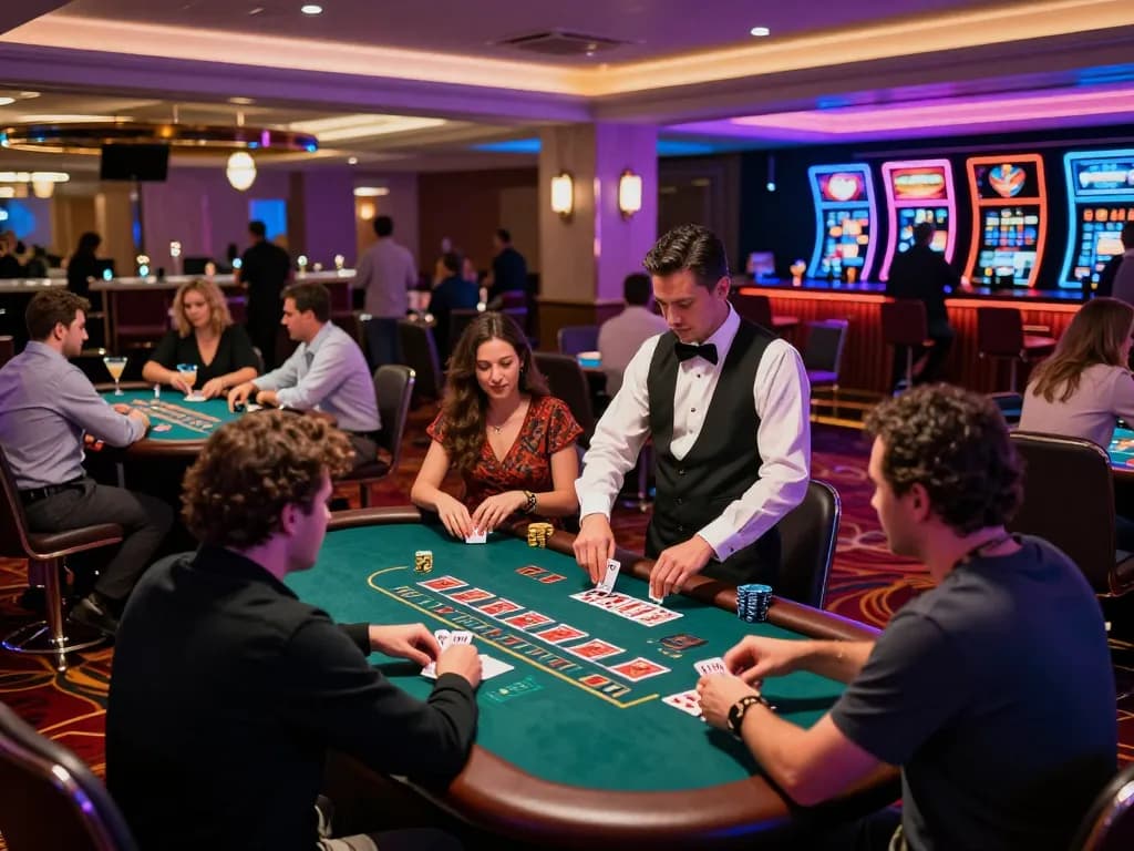 Players enjoying blackjack at a vibrant casino floor, capturing the excitement of tx88 gaming action