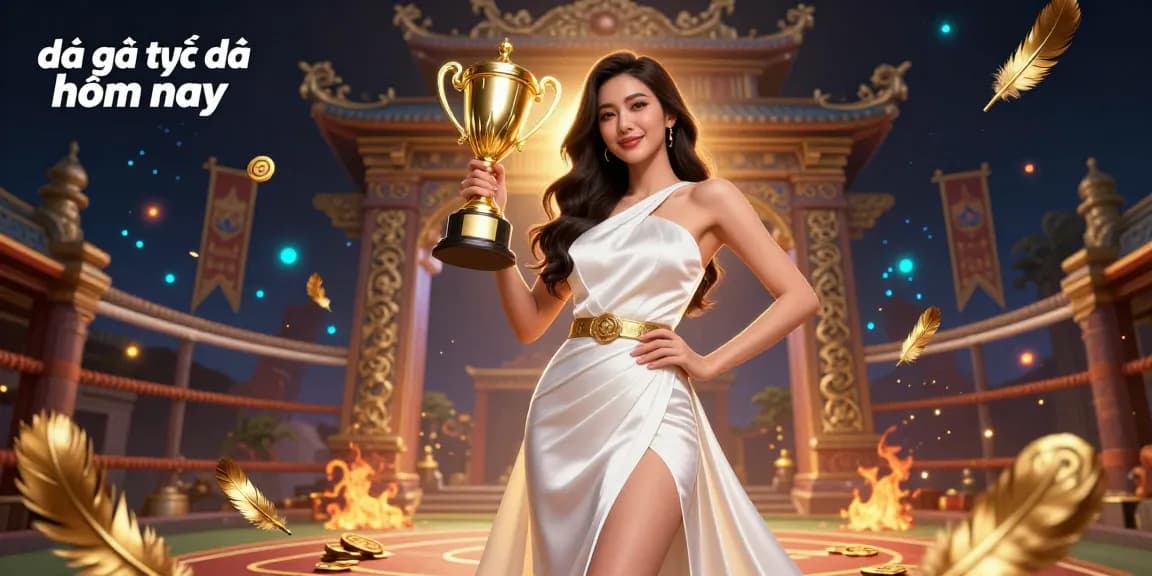 Experience the excitement of đá gà trực tiếp hôm nay with a stunning trophy cup and dynamic betting elements in this vibrant illustration.