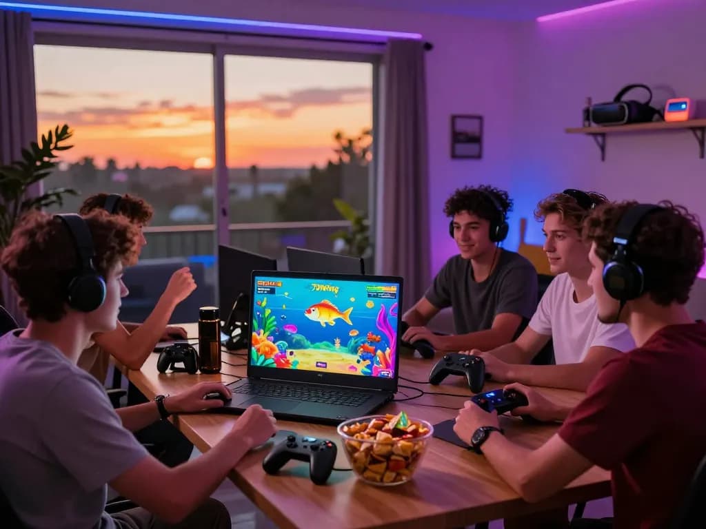Exciting 79King gaming session with friends enjoying fish shooting game in a cozy living room.