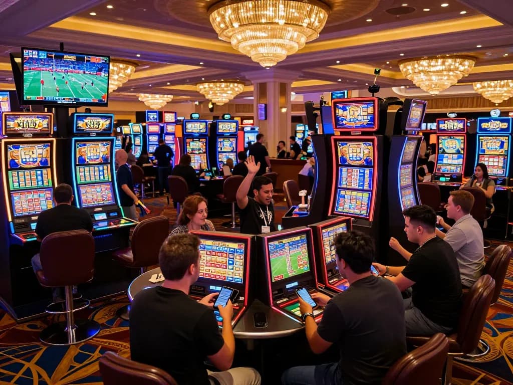 Engaged group analyzing tỷ lệ kèo nhà cái hôm nay at a vibrant Las Vegas sports betting counter