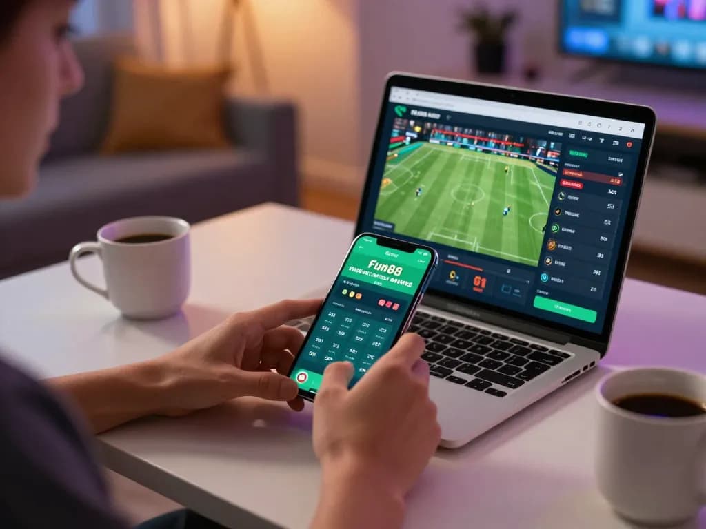 Engaging user playing on the Fun88 app with live betting on sports in a cozy home environment