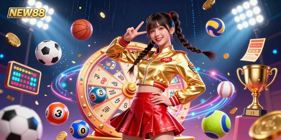 Win big with NEW88 in a vibrant online betting scene, showcasing colorful lottery balls and sports elements.