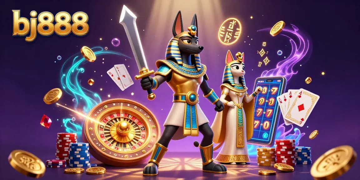 Experience thrilling gaming at bj888 with Anubis and Bastet in a dynamic casino scene.