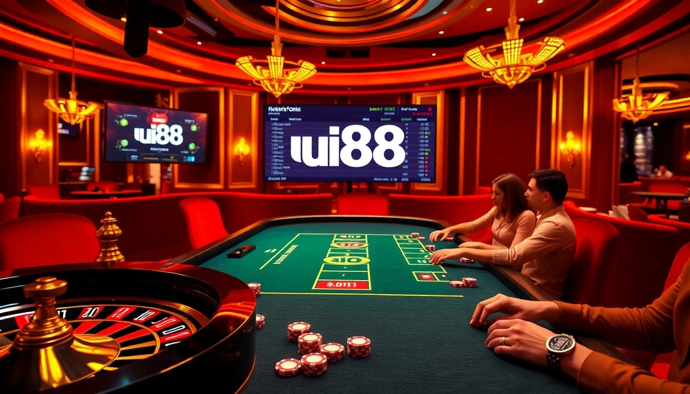 Engaging players in professional gambling at uu88 casino featuring poker chips and roulette.