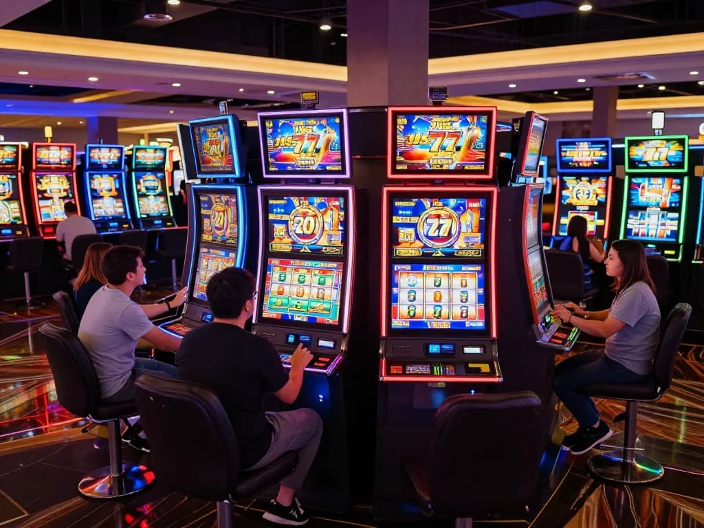 Players enjoy engaging slot games at jus77 in a colorful casino atmosphere.