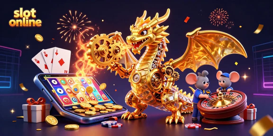 Experience thrilling slot online action with a vibrant 3D illustration showcasing a golden dragon, slot games, and celebratory elements.