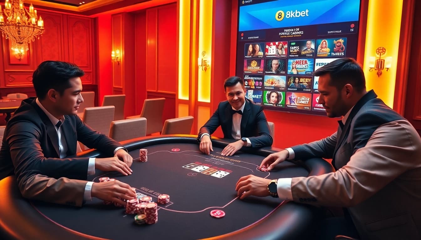 Experience the thrill of betting at 8kbet with players engaged in a lively poker game in a luxurious online casino.