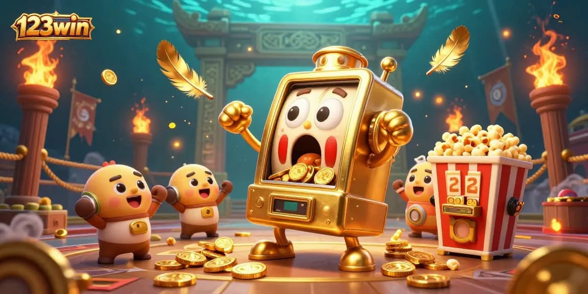 Experience thrilling wins with 123win as a cartoon slot machine hits the jackpot, surrounded by excitement.