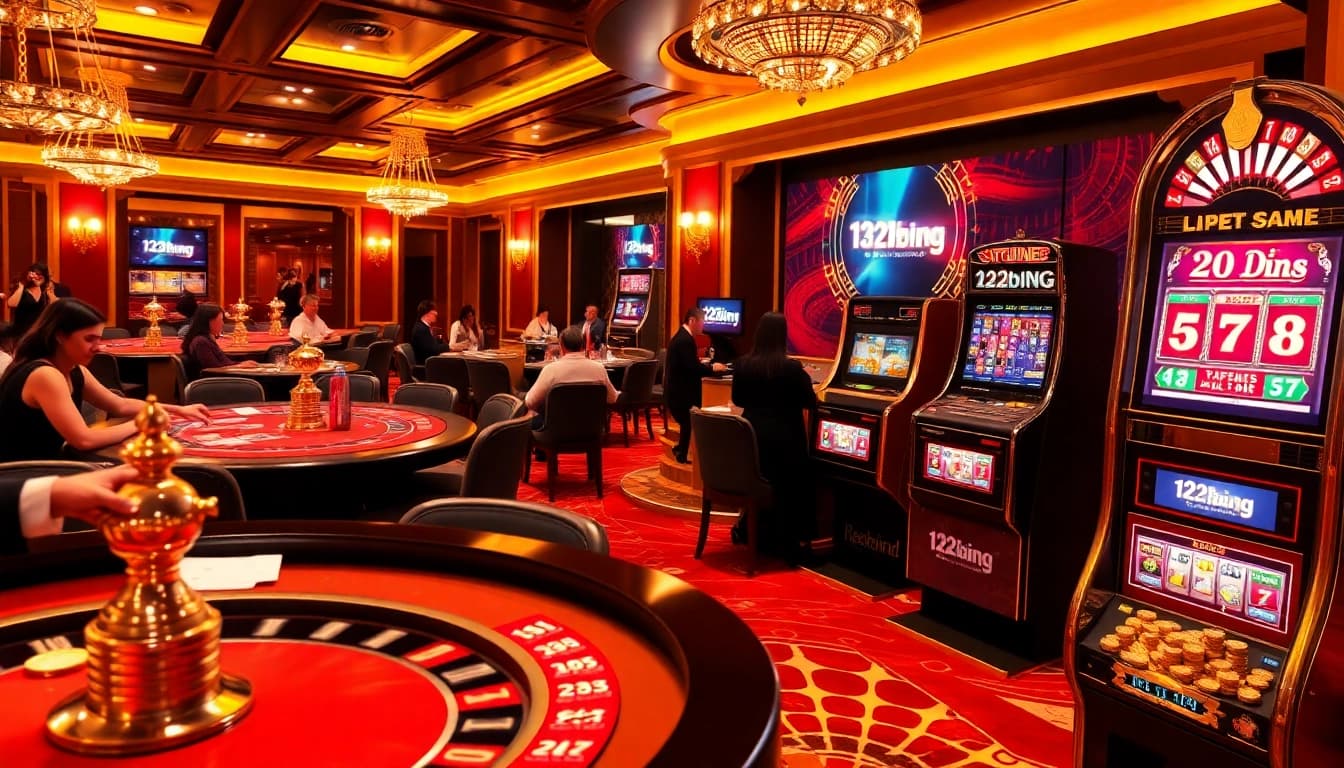 Action-packed casino scene showcasing players at 123b.ing tables with vibrant chips and equipment.