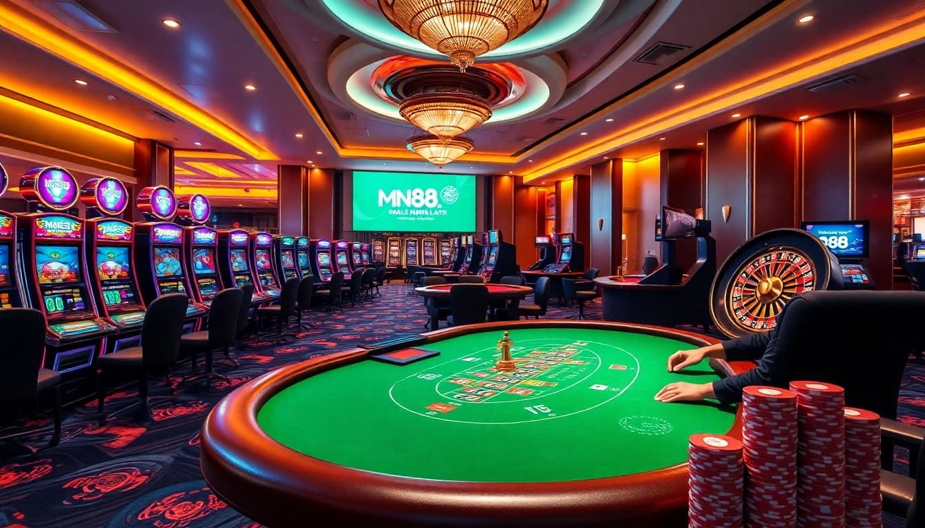 Intense players at mn88.ltd's blackjack table with vibrant casino elements.