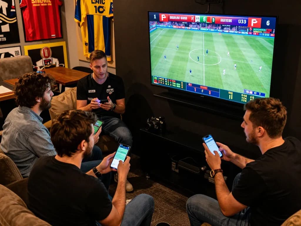 Experience the excitement of Go8 sports betting with friends analyzing odds during Bundesliga matches.