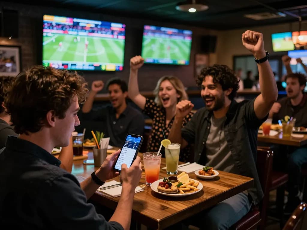 A person engages in sports betting on their smartphone while enjoying the atmosphere in a lively sports bar, spotlighting nhà cái F168 as a top choice.