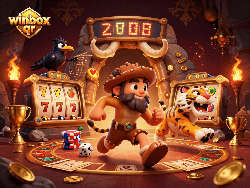 Experience gaming excitement with winbox qr in this vibrant prehistoric casino scene.