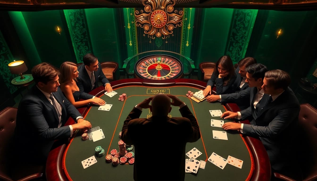 No hu strategy in a vibrant casino scene, showcasing players at a poker table with chips and cards.