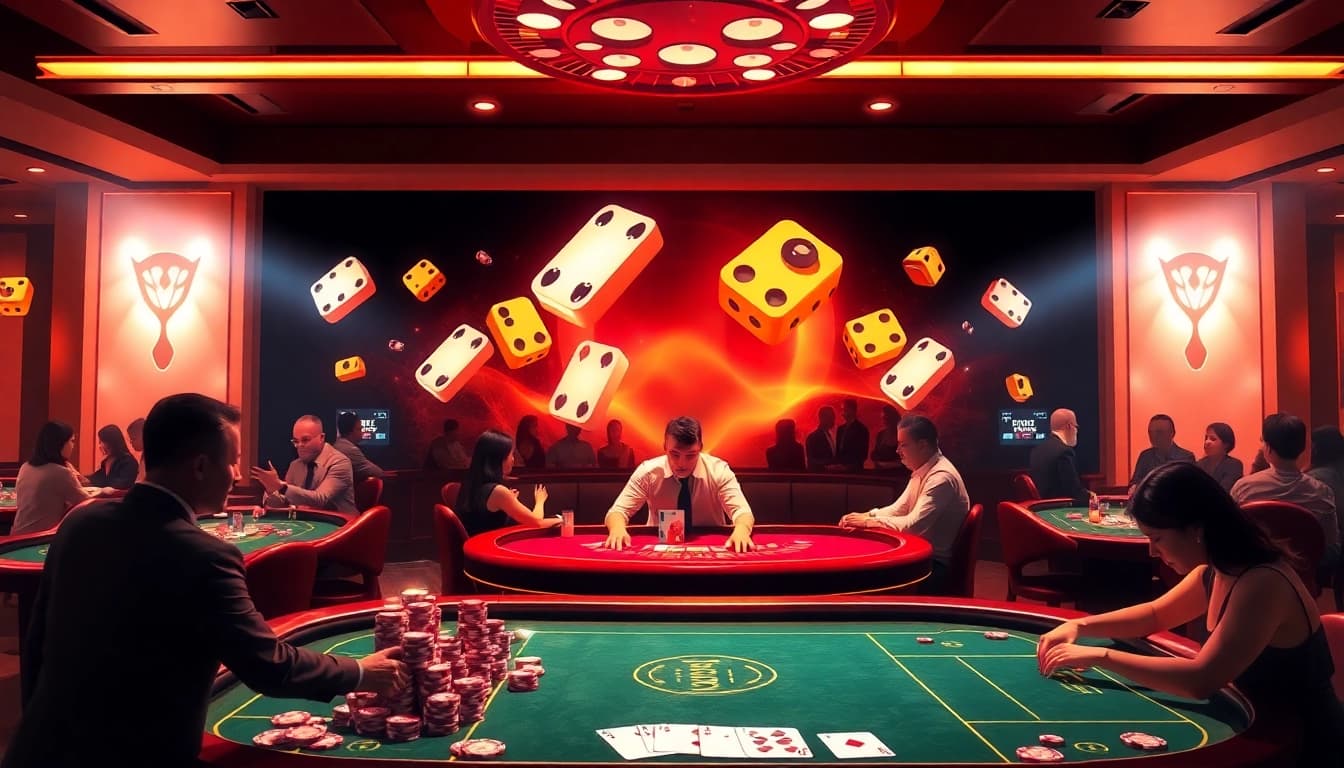 Players engaging in exciting casino games at https://taixiumd5.fan/ in a luxurious setting, showcasing excitement and professionalism.